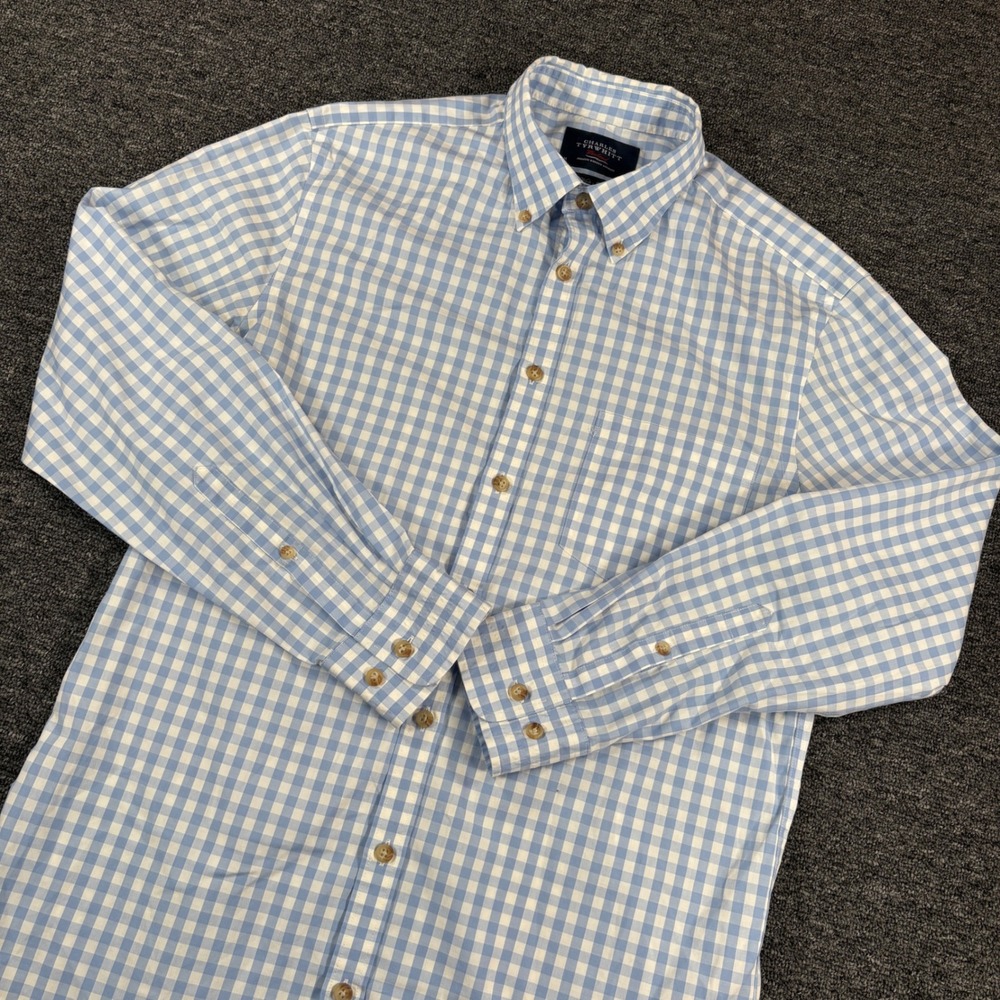 Charles Tyrwhitt Button Down Mens M Blue Gingham Extra Slim Fit Non Iron Shirt